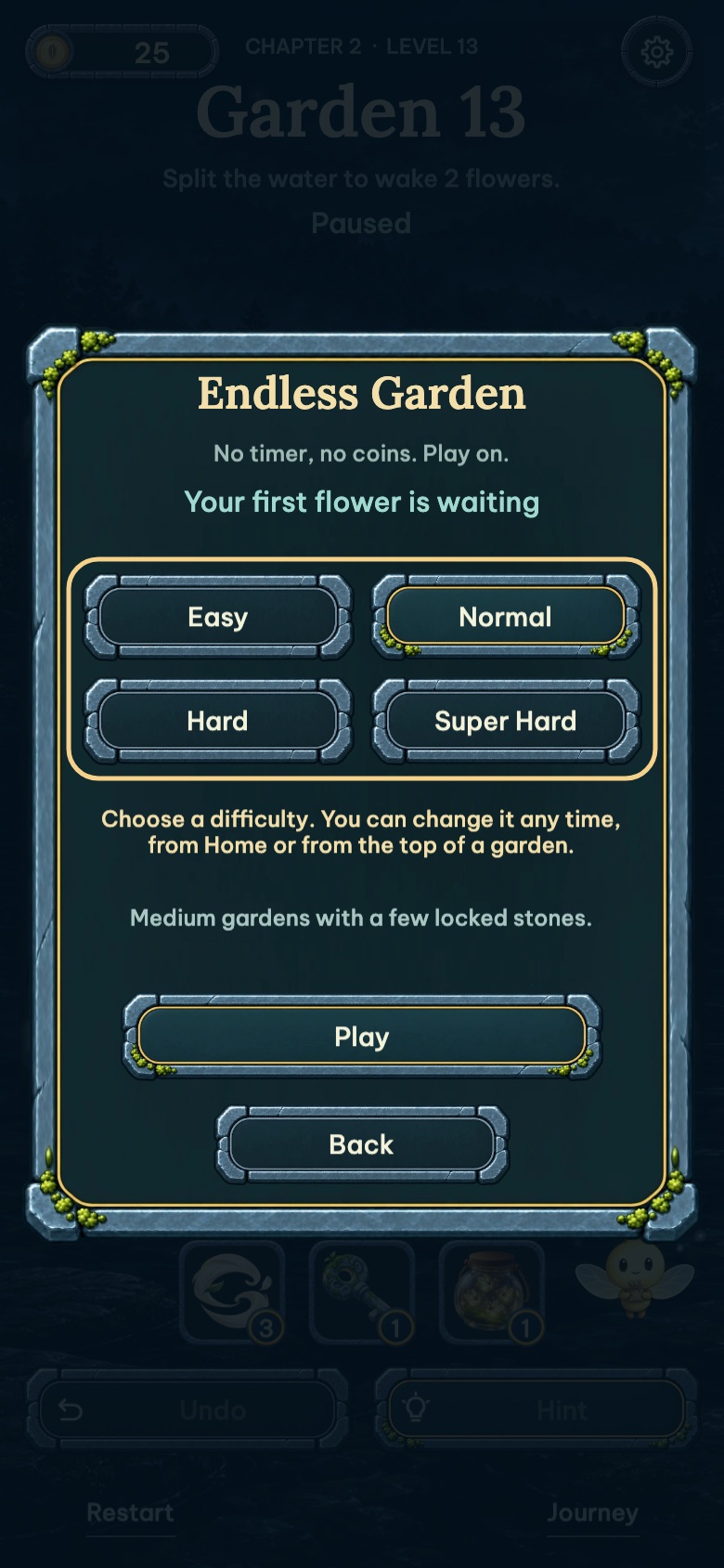 The Endless Garden panel where you choose a difficulty